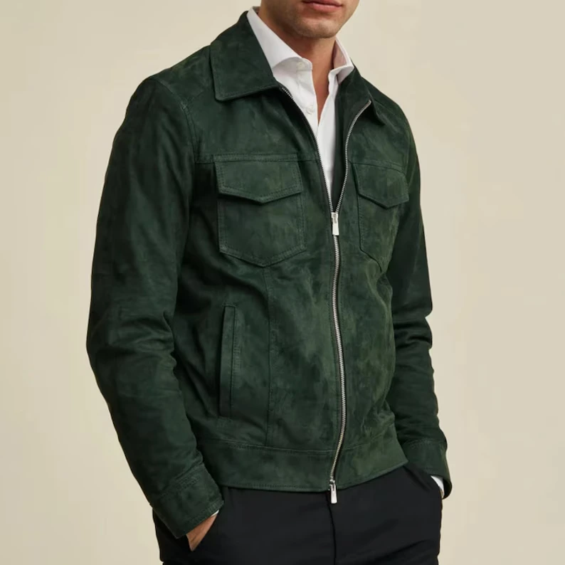 Handcrafted Green Suede Leather Jacket for Men - Image 3