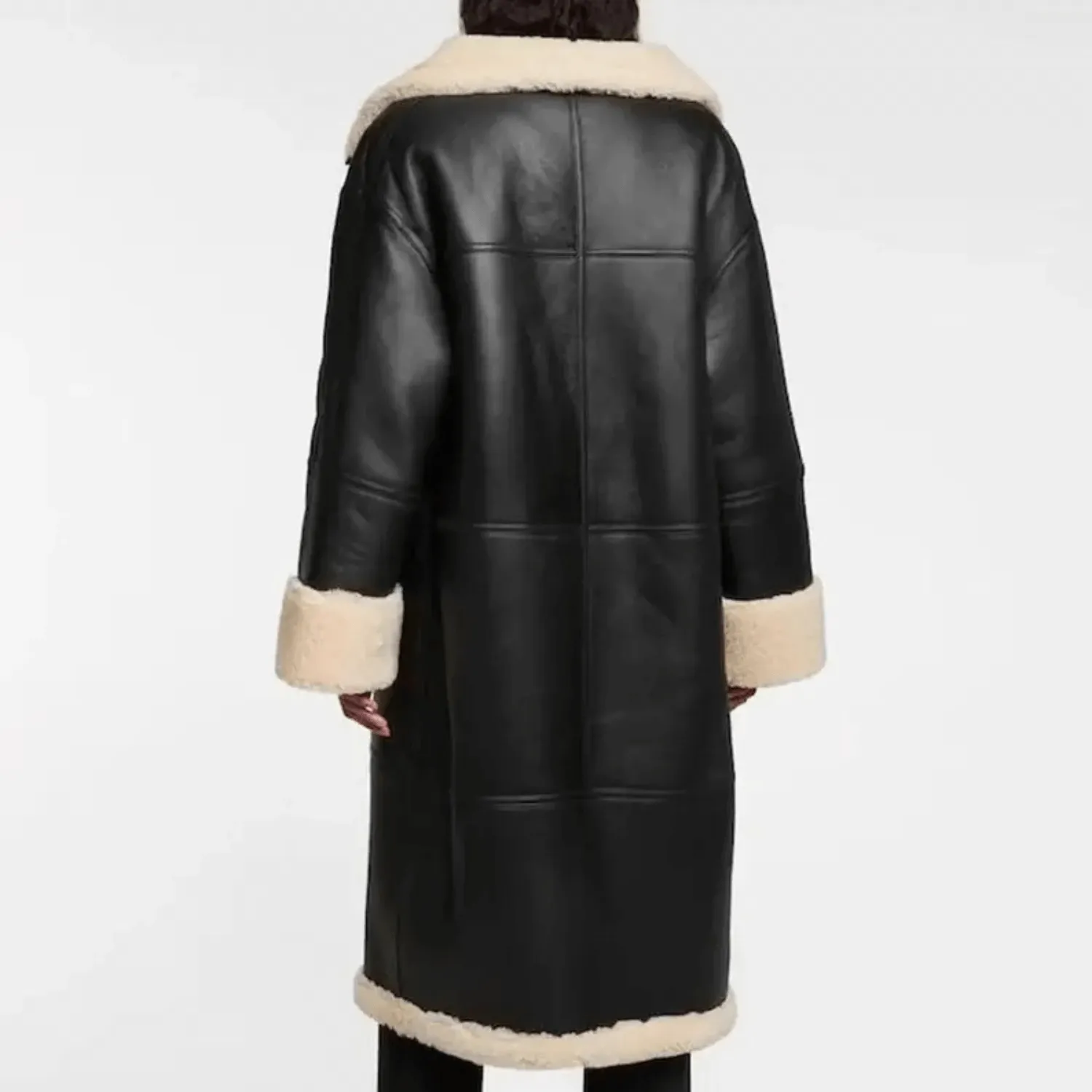 Black Women's Shearling Bomber Aviator Leather Coat - Image 2