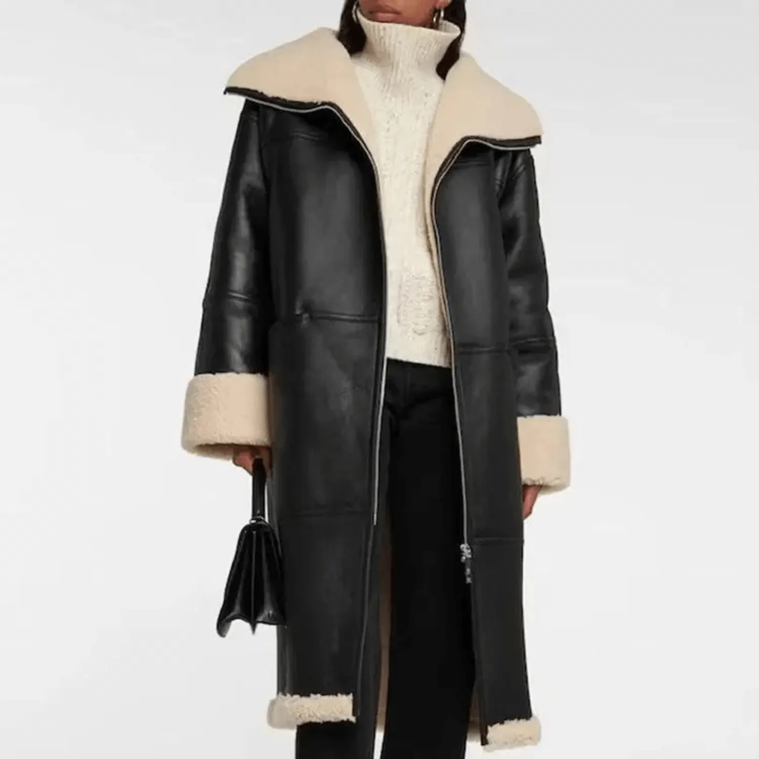 Black Women's Shearling Bomber Aviator Leather Coat