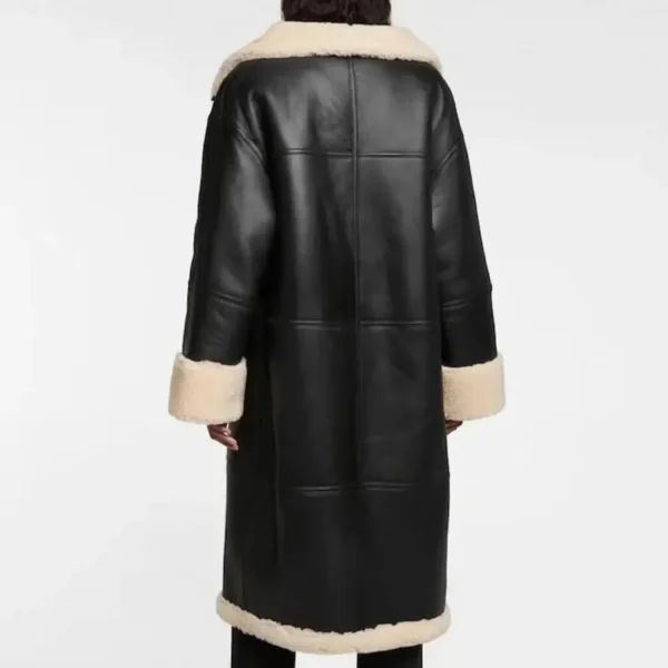 Black Women's Shearling Bomber Aviator Leather Coat - Image 2