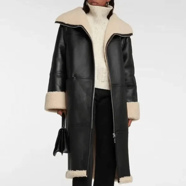 Black Women's Shearling Bomber Aviator Leather Coat