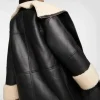 Black Women's Shearling Bomber Aviator Leather Coat - Image 5