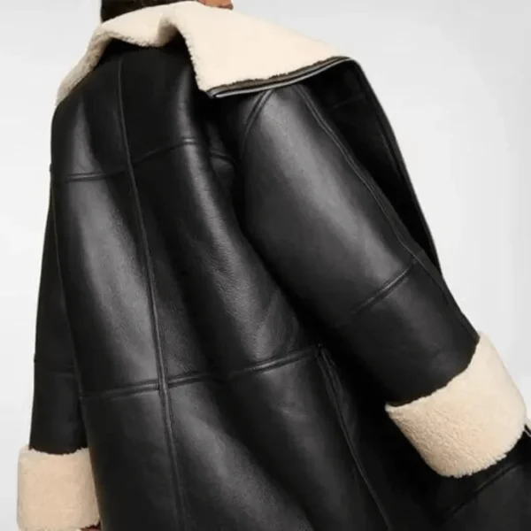 Black Women's Shearling Bomber Aviator Leather Coat - Image 5