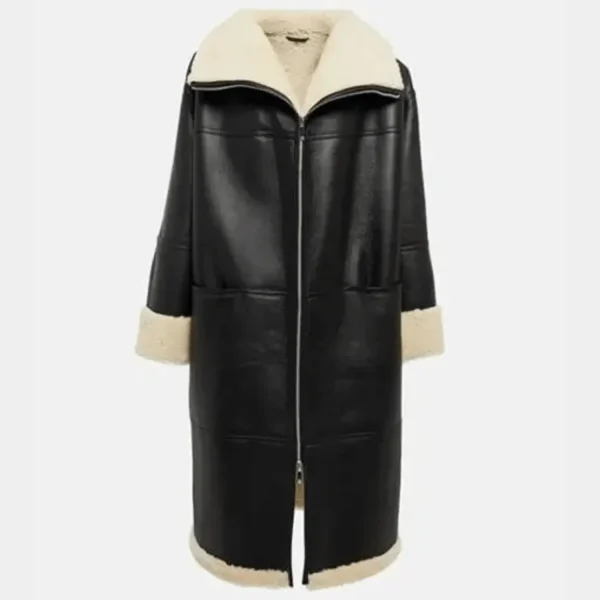 Black Women's Shearling Bomber Aviator Leather Coat - Image 4