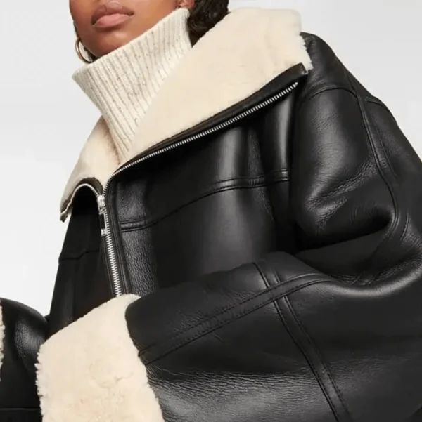 Black Women's Shearling Bomber Aviator Leather Coat - Image 3