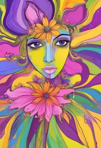 This art is a beautiful representation of the power and beauty of a woman. The delicate flowers symbolize her grace and femininity, while the feathers represent her strength and resilience. The way they come together to form a face shows the complexity and depth of a woman's spirit.