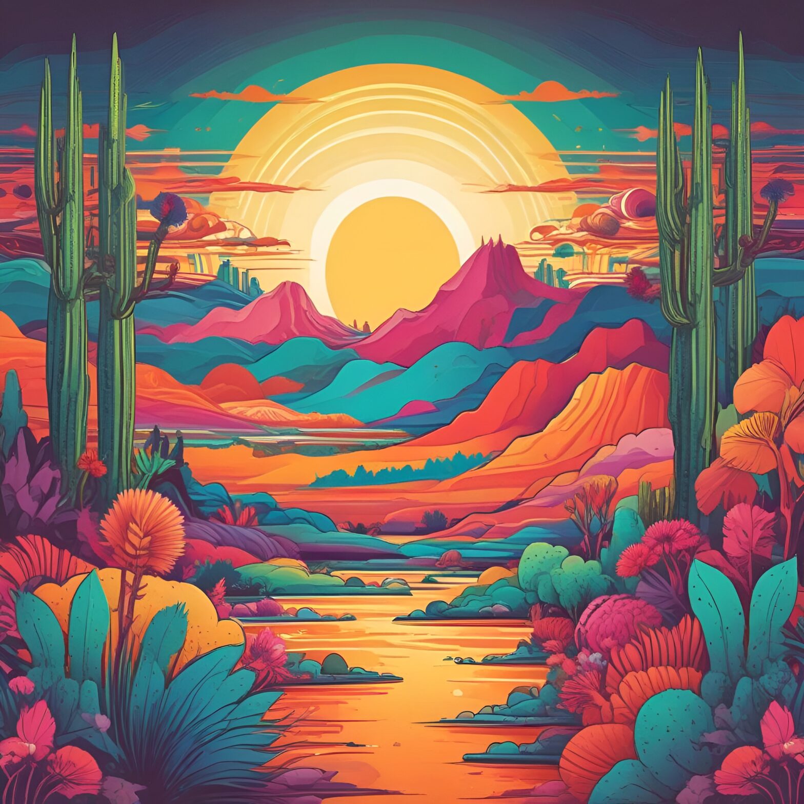 This vibrant and inspiring abstract artwork captures the essence of the desert's energy, the resilience of nature, and the potential for a bright future. It symbolizes the innovative spirit and the ability to rise above challenges with renewed strength and determination. Deserts can embody personal growth, self discovery, and the power to overcome obstacles tapping into our inner strength and wisdom. They can encourage us to break free from the noise and distractions of the world, finding clarity and purpose in our own journeys.