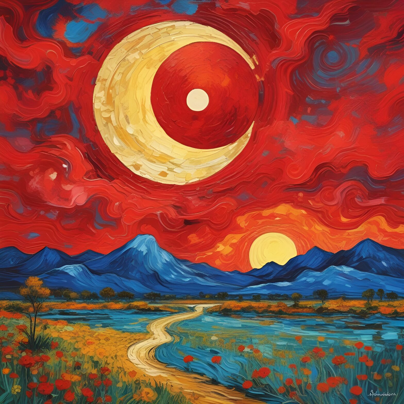 This abstract painting featuring a prominent moon hanging over a vast field evokes a sense of psycho-social support by creating a serene and comforting atmosphere. The moon symbolizes guidance and stability, while the vast field represents the space for personal growth and reflection. Together, they offer a sense of solace and reassurance, reminding us that we're not alone in our journey. It's a beautiful piece that invites viewers to find comfort and strength within themselves.