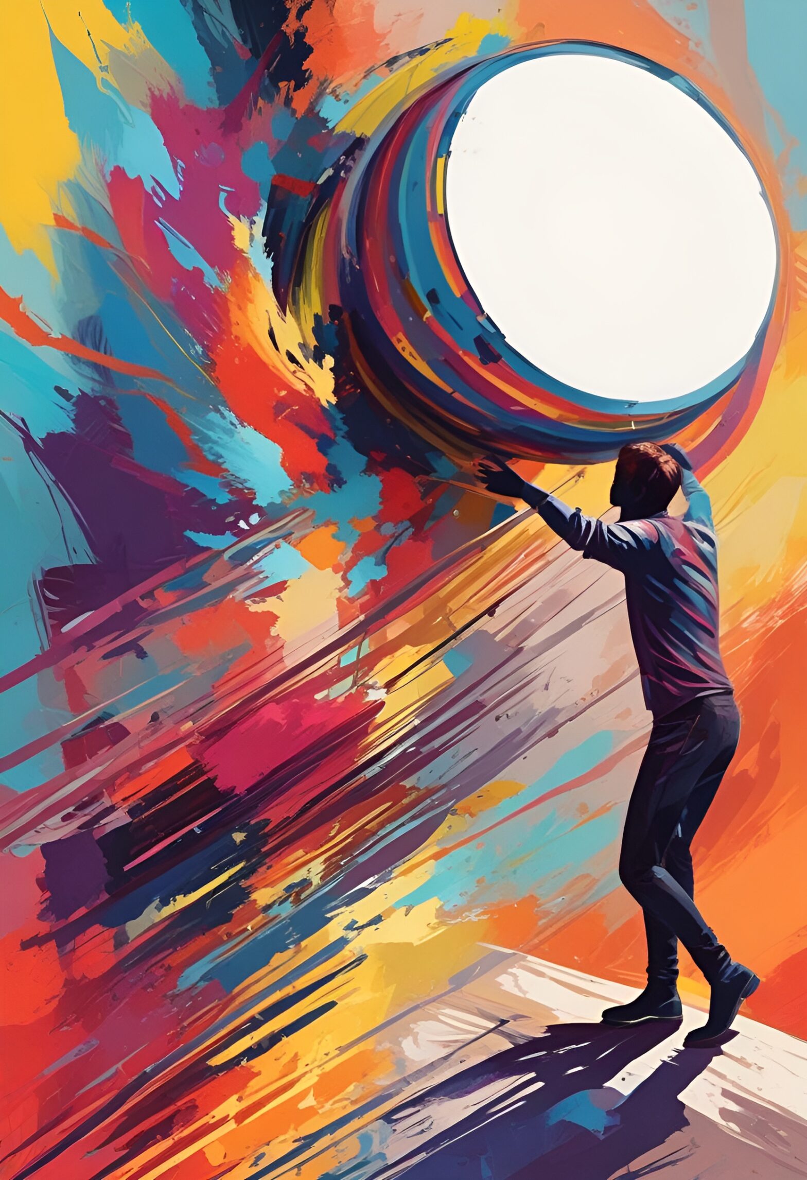 In this captivating artwork, we witness the triumph of the human spirit in the face of adversity. The person standing on the colorful surface represents the resilience and determination to overcome challenges. The vibrant colors symbolize the energy and passion they pour into their efforts. The round object signifies the obstacles they encounter along the way, but they persist, pushing through with unwavering strength. It's a powerful reminder that even in the face of adversity, with effort and perseverance, we can conquer anything that comes our way. Keep pushing forward, my friend!