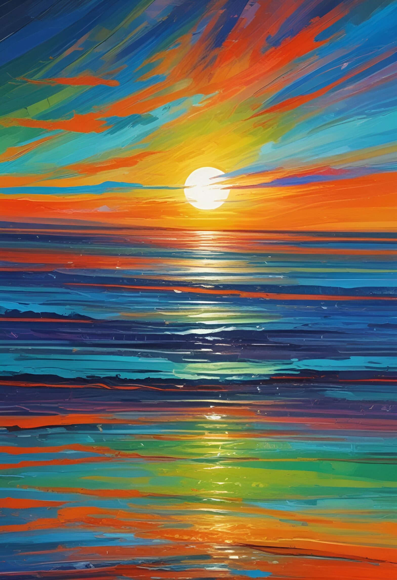 This artwork is a breathtaking portrayal of nature's harmony. The vibrant hues of the sunset seamlessly blend with the tranquil waters, creating a mesmerizing scene that exudes serenity and tranquility. It's as if time stands still, inviting us to pause, reflect, and find solace in the beauty of the world around us. This masterpiece truly inspires a sense of peace and inner calm.