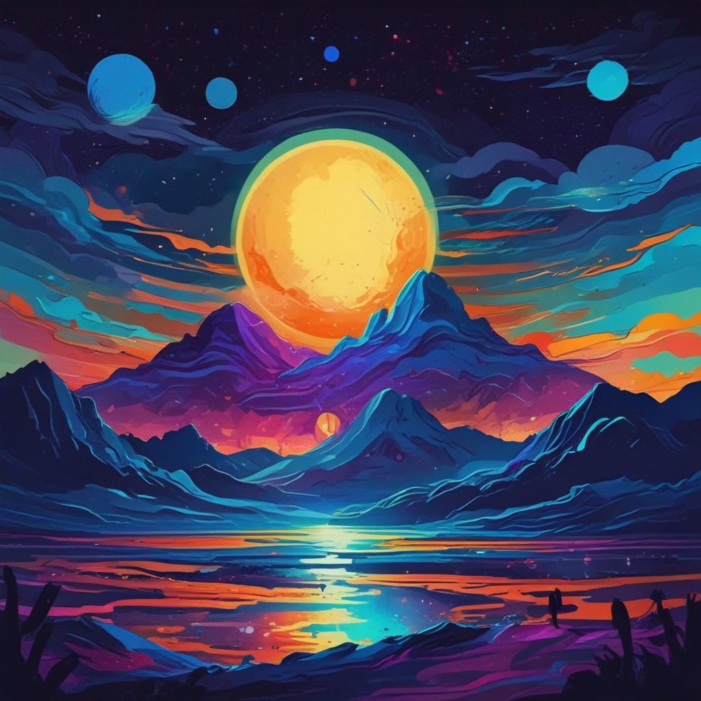 Immersed in the ethereal glow of twilight, the mountains stand tall, embracing the setting sun and the rising moon in a harmonious dance of light and shadow, painting a canvas of nature's exquisite beauty.