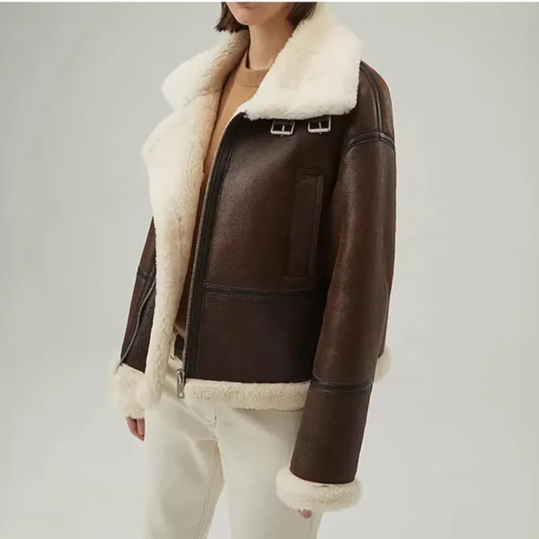 B3 RAF Brown Women's Shearling Bomber Leather Jacket - Image 3