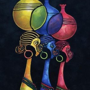 The painting of colorful objects and shoes set against a black background beautifully captures the essence of women as the epitome of wealth. The vibrant colors symbolize the richness and diversity of women's roles and contributions, while the black background signifies the strength and depth of their influence. It's a powerful portrayal of women as the true treasures of society.