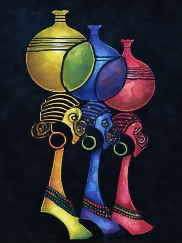 The painting of colorful objects and shoes set against a black background beautifully captures the essence of women as the epitome of wealth. The vibrant colors symbolize the richness and diversity of women's roles and contributions, while the black background signifies the strength and depth of their influence. It's a powerful portrayal of women as the true treasures of society.