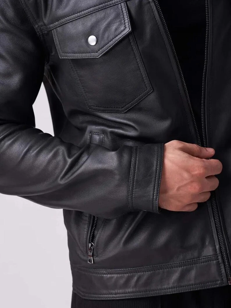 Men's Black Biker Leather Jacket - Handmade Lambskin - Image 2