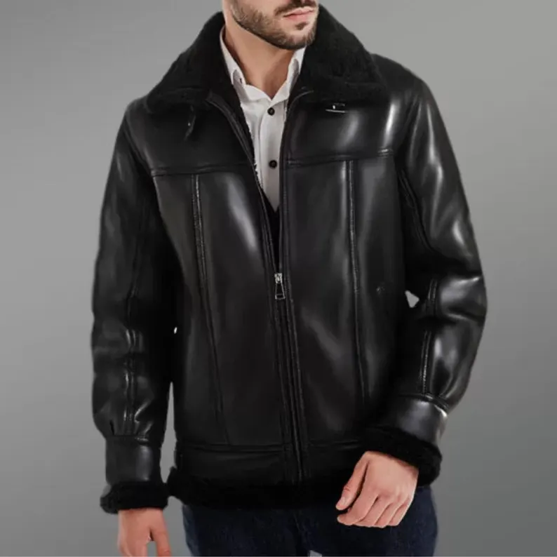 B3 RAF Black Men's Shearling Bomber Leather Jacket - Image 2