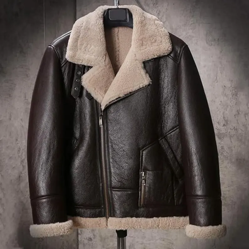 B3 RAF Brown Men's Shearling Bomber Leather Jacket - Image 4