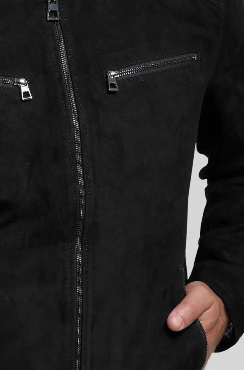 Handcrafted Black Suede Leather Jacket for Men - Image 6