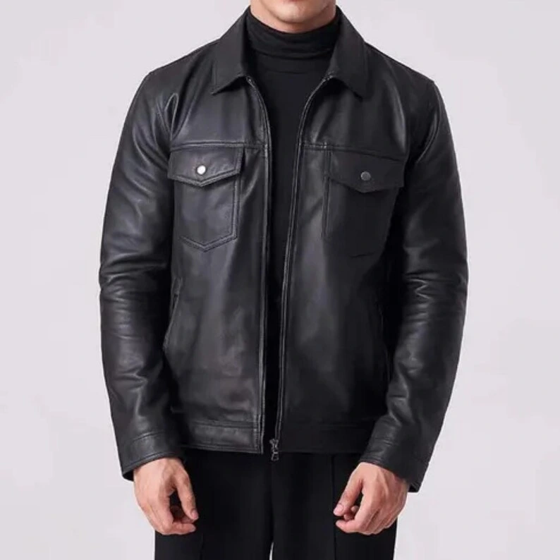 Men's Black Biker Leather Jacket - Handmade Lambskin - Image 4