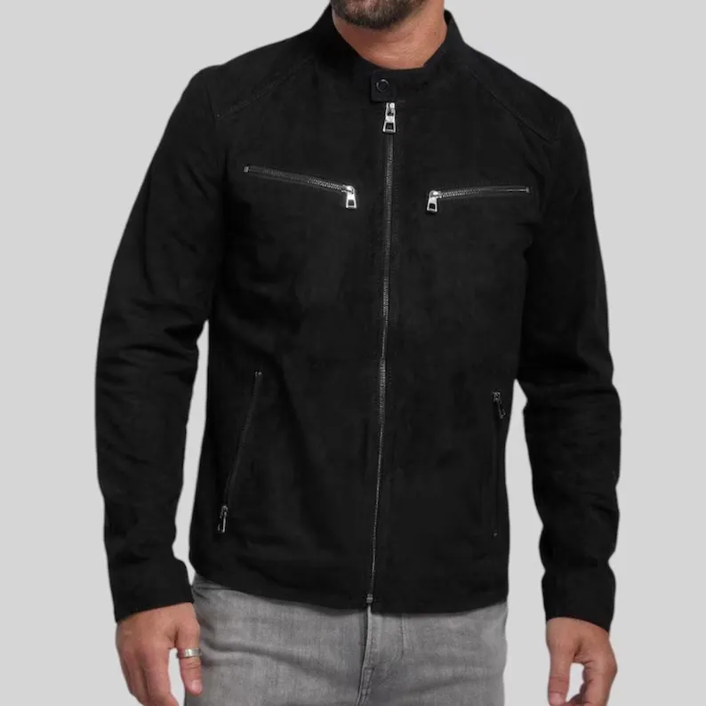 Handcrafted Black Suede Leather Jacket for Men - Image 5