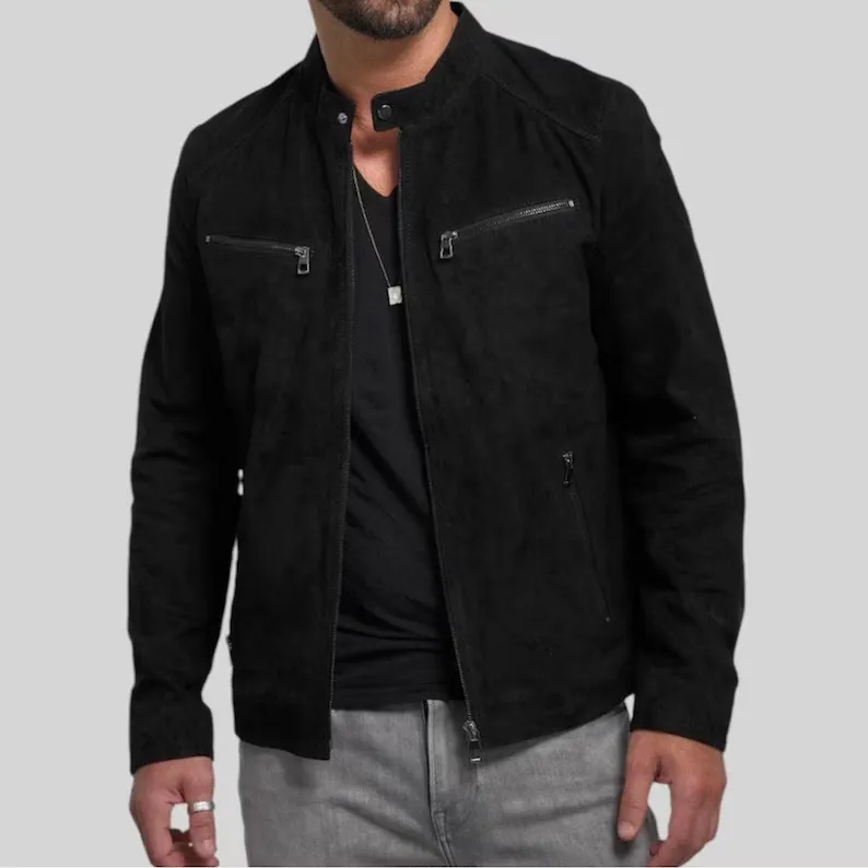 Handcrafted Black Suede Leather Jacket for Men - Image 4