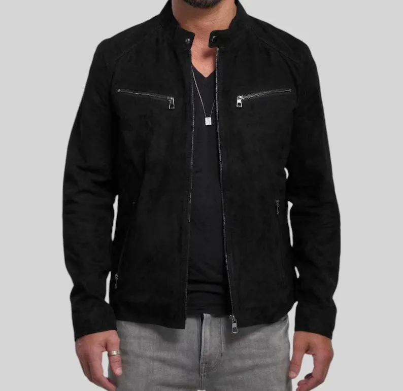 Handcrafted Black Suede Leather Jacket for Men - Image 3