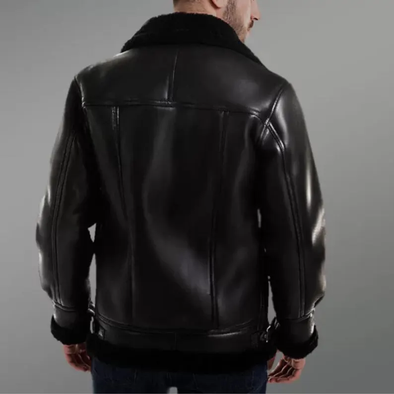 B3 RAF Black Men's Shearling Bomber Leather Jacket - Image 4