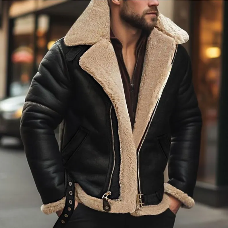 B3 RAF Black Men's Shearling Bomber Leather Jacket - Image 3