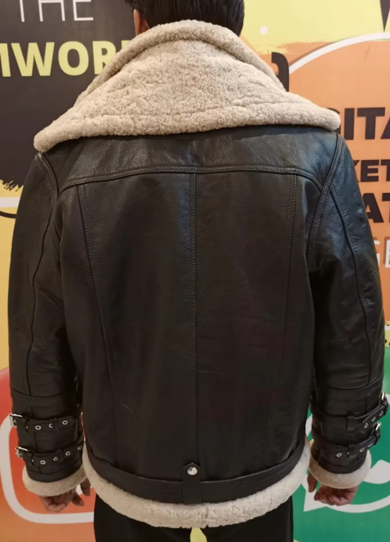 B3 RAF Black Men's Bomber Leather Jacket with Shearling - Image 2