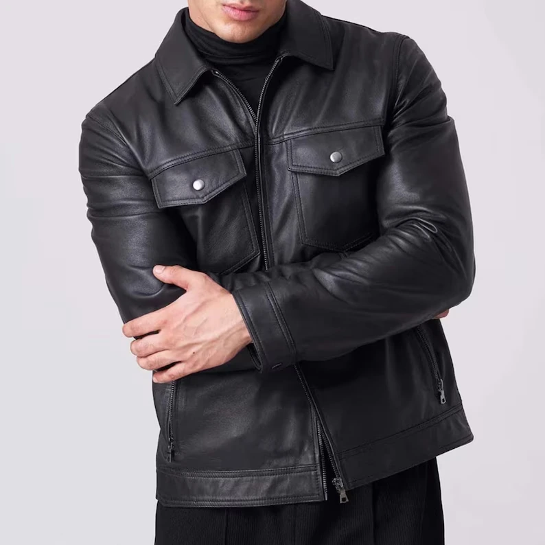 Men's Black Biker Leather Jacket - Handmade Lambskin - Image 3