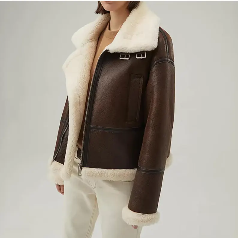 B3 RAF Brown Women's Shearling Bomber Leather Jacket - Image 2