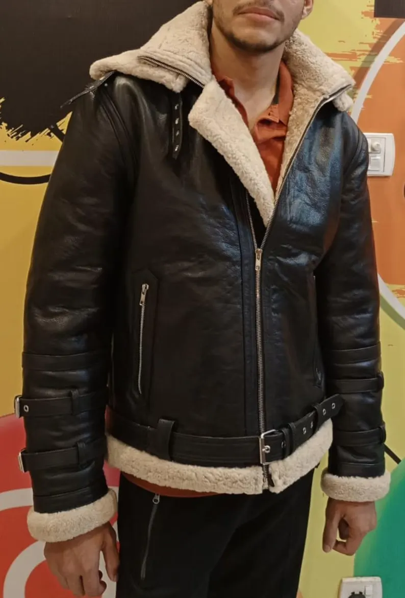 B3 RAF Black Men's Bomber Leather Jacket with Shearling