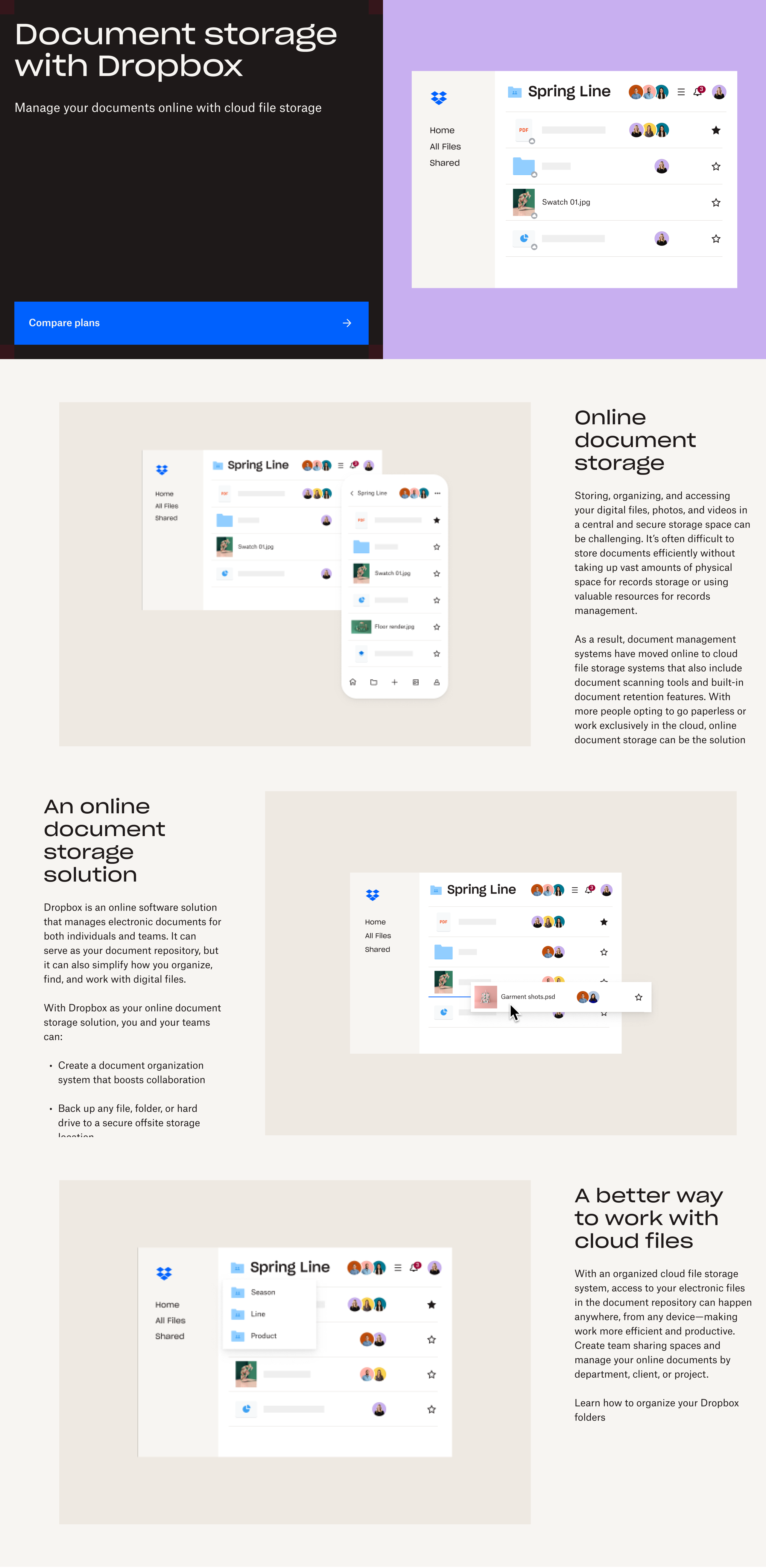 Document storage landing page