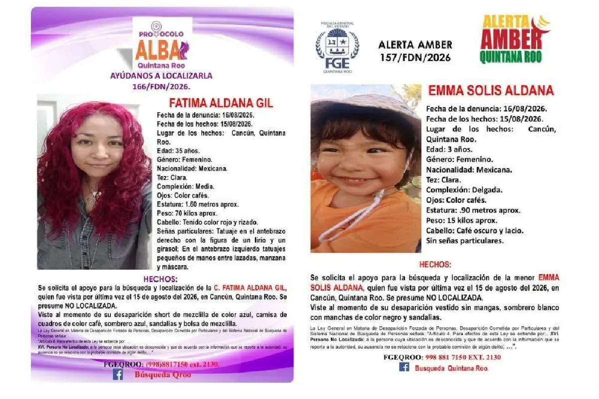 Desde el 15 de agosto Fátima y su hija Emma salieron de su domicilio en Cancún y su ex pareja no sabe el paradero de ambas. Foto: FGEQROO.