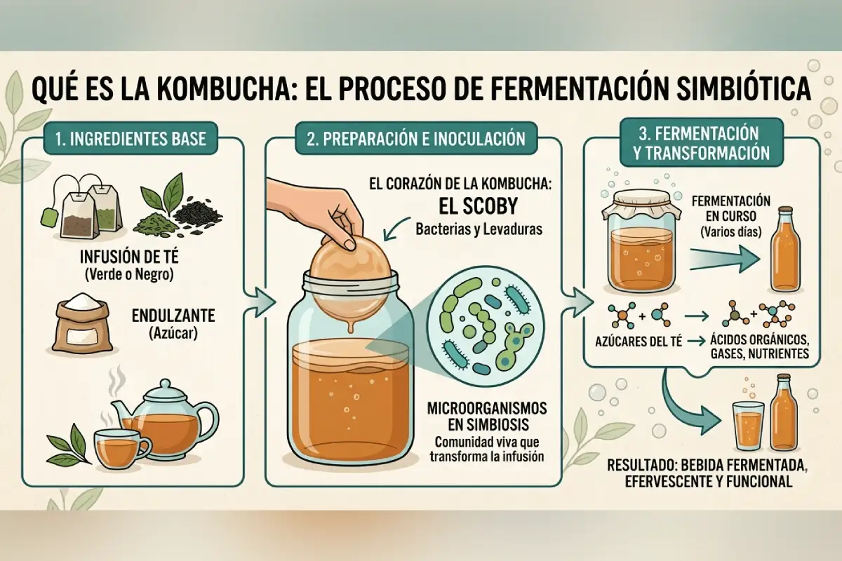 Esquema con el proceso de elaboración de la kombucha