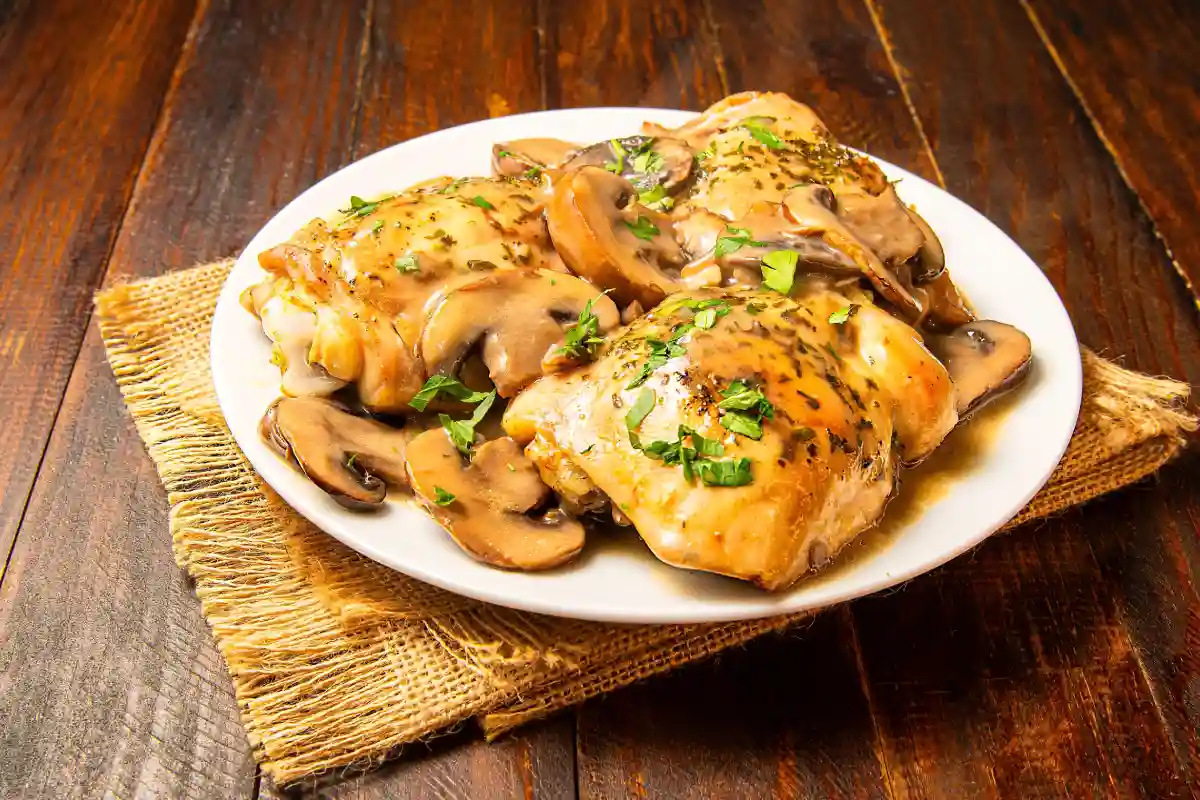 Servidos muslos de pollo con champiñones y crema de leche.