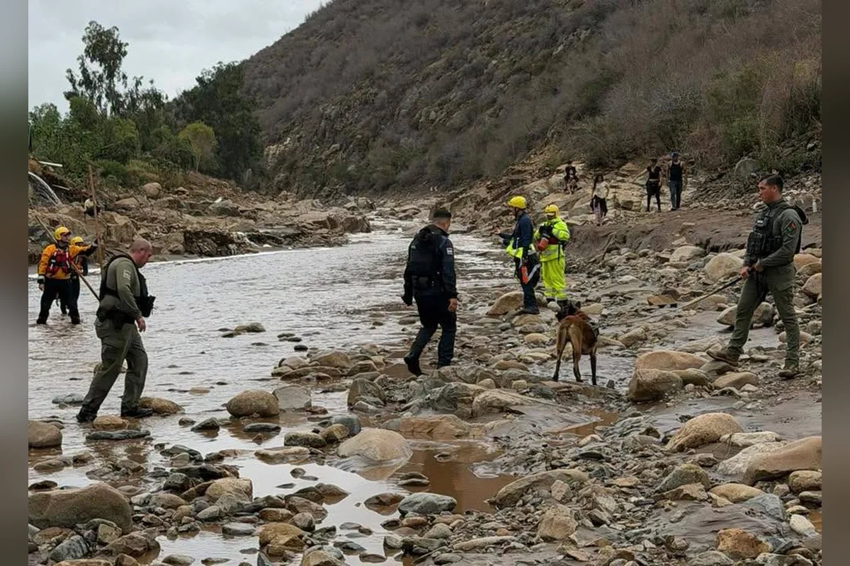 Por los cauces de los arroyos en Ensenada se ha enfocado la búsqueda de las personas que fueron arrastradas por la corriente. Foto: Seguridad Pública Municipal de Ensenada.
