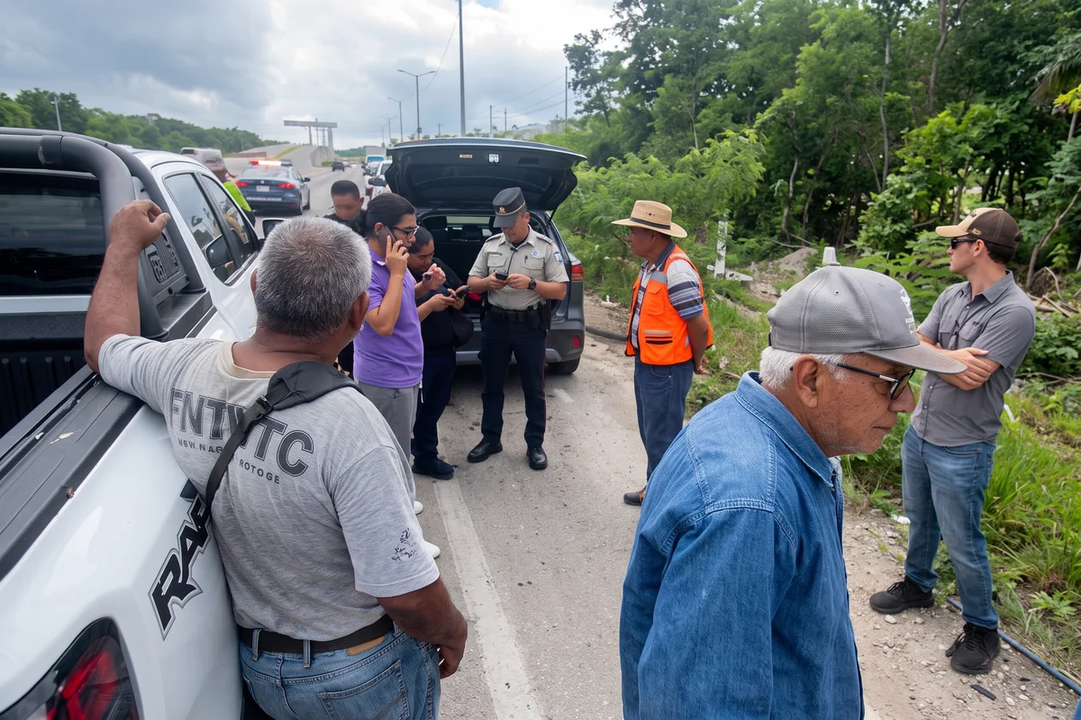 Agentes de la Guardia Nacional, División Caminos, llegaron hasta donde se encontraban los camioneros para conocer el motivo de la protesta. Foto Joana Maldonado.