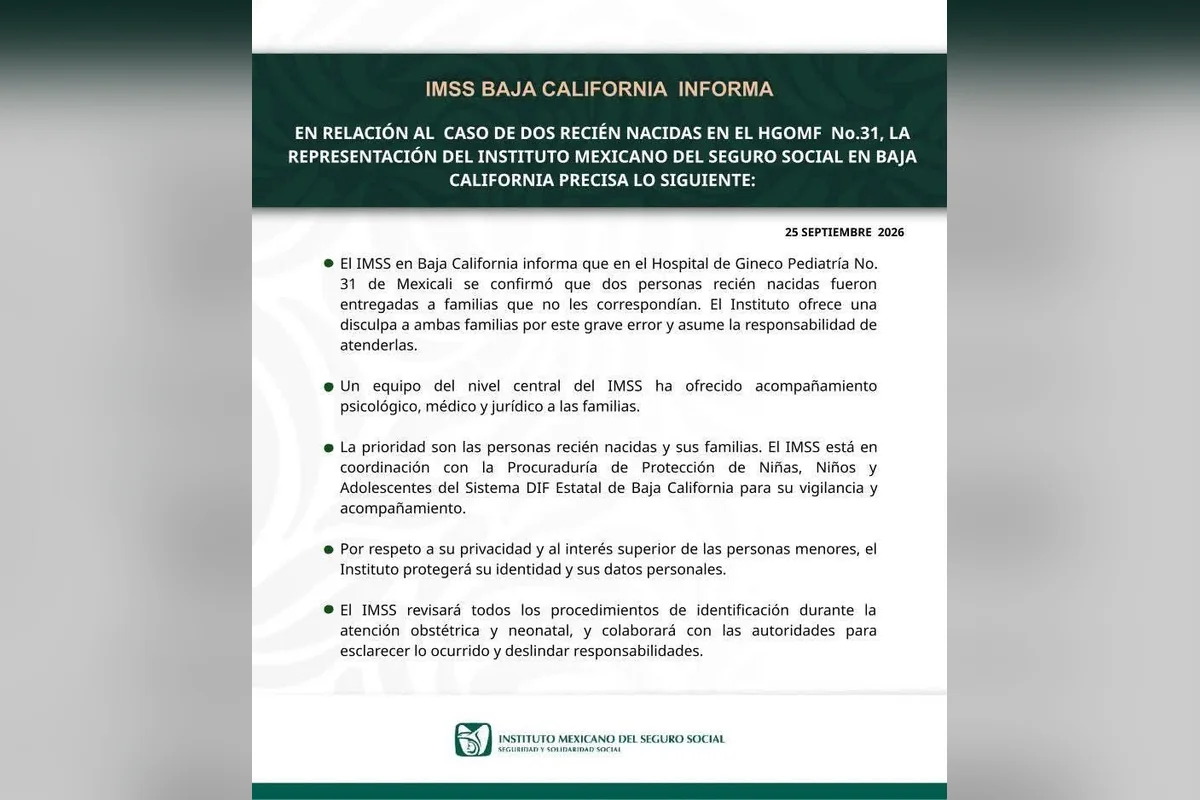 Al saberse públicamente del error, el Seguro Social emitió una disculpa a ambas familias. Foto: IMSS.