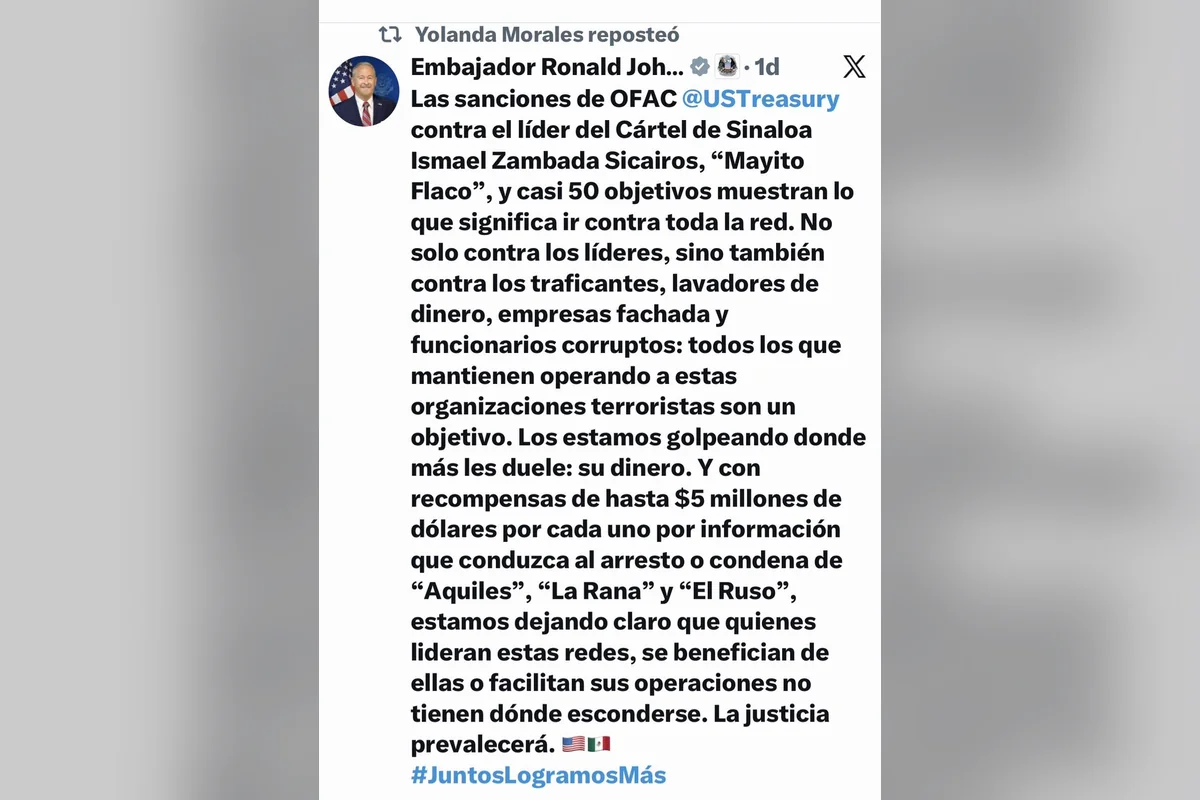 El embajador de Estados unidos en México vio con Beneplácito las acciones del Departamento del Tesoro. Foto: Embajada de EU.