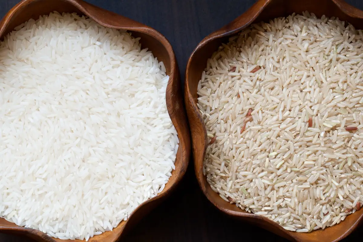 Arroz integral y arroz blanco en una bandeja