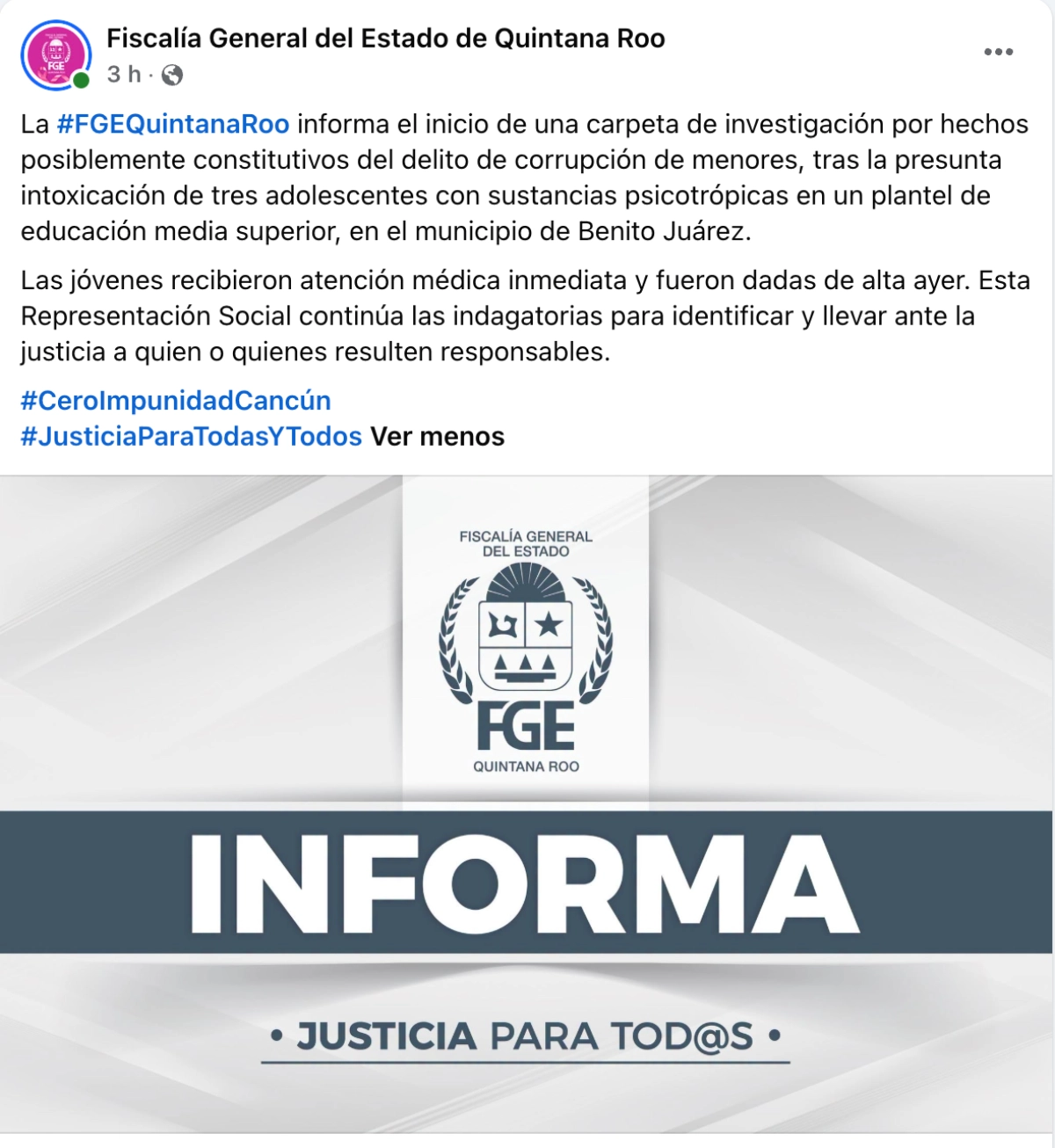 La FGE de Quintana Roo investiga el caso de la intoxicación de gomitas en el CBTIS de Cancún.
