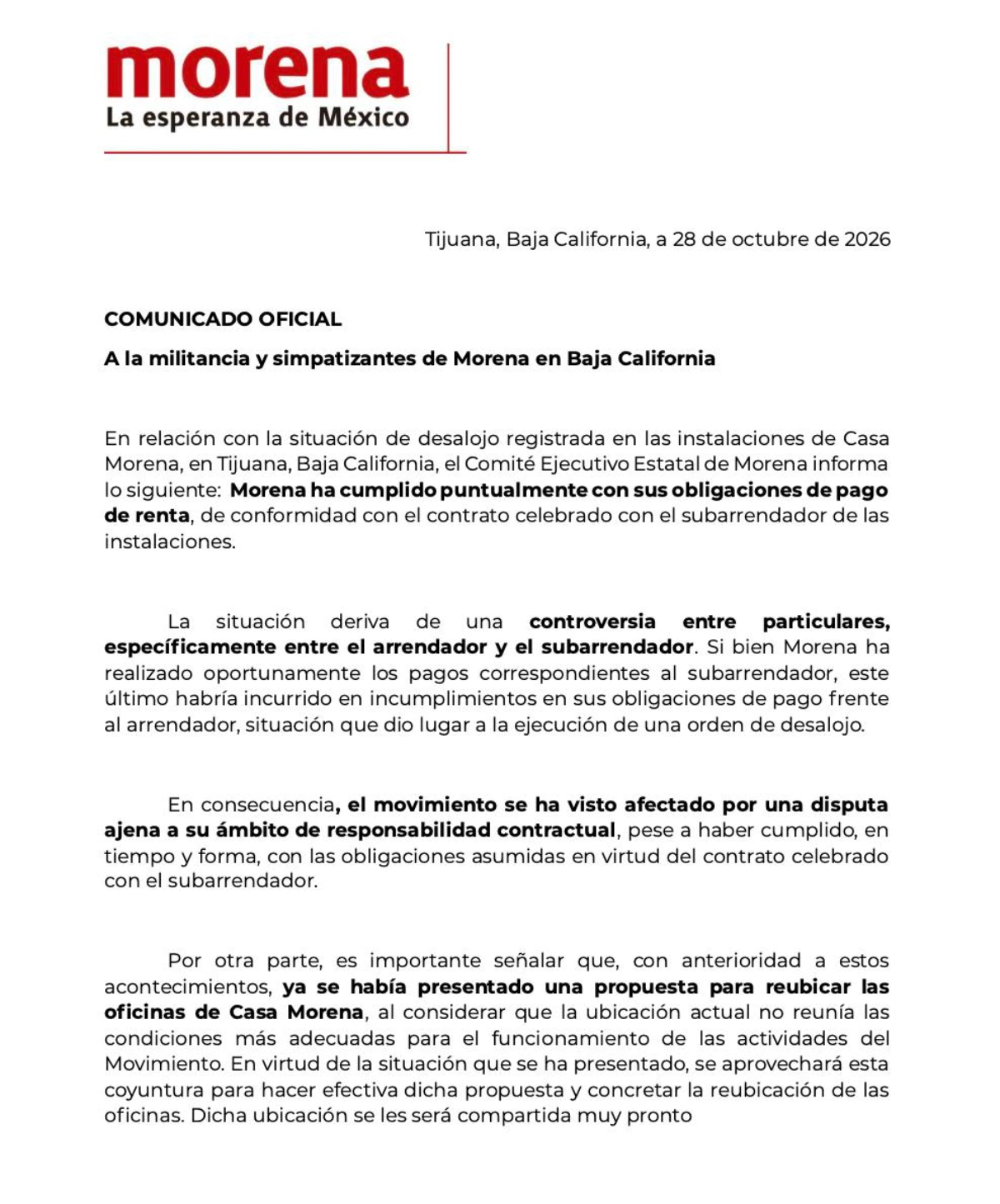 Morena respondió al desalojo de Casa Morena en Tijuana.