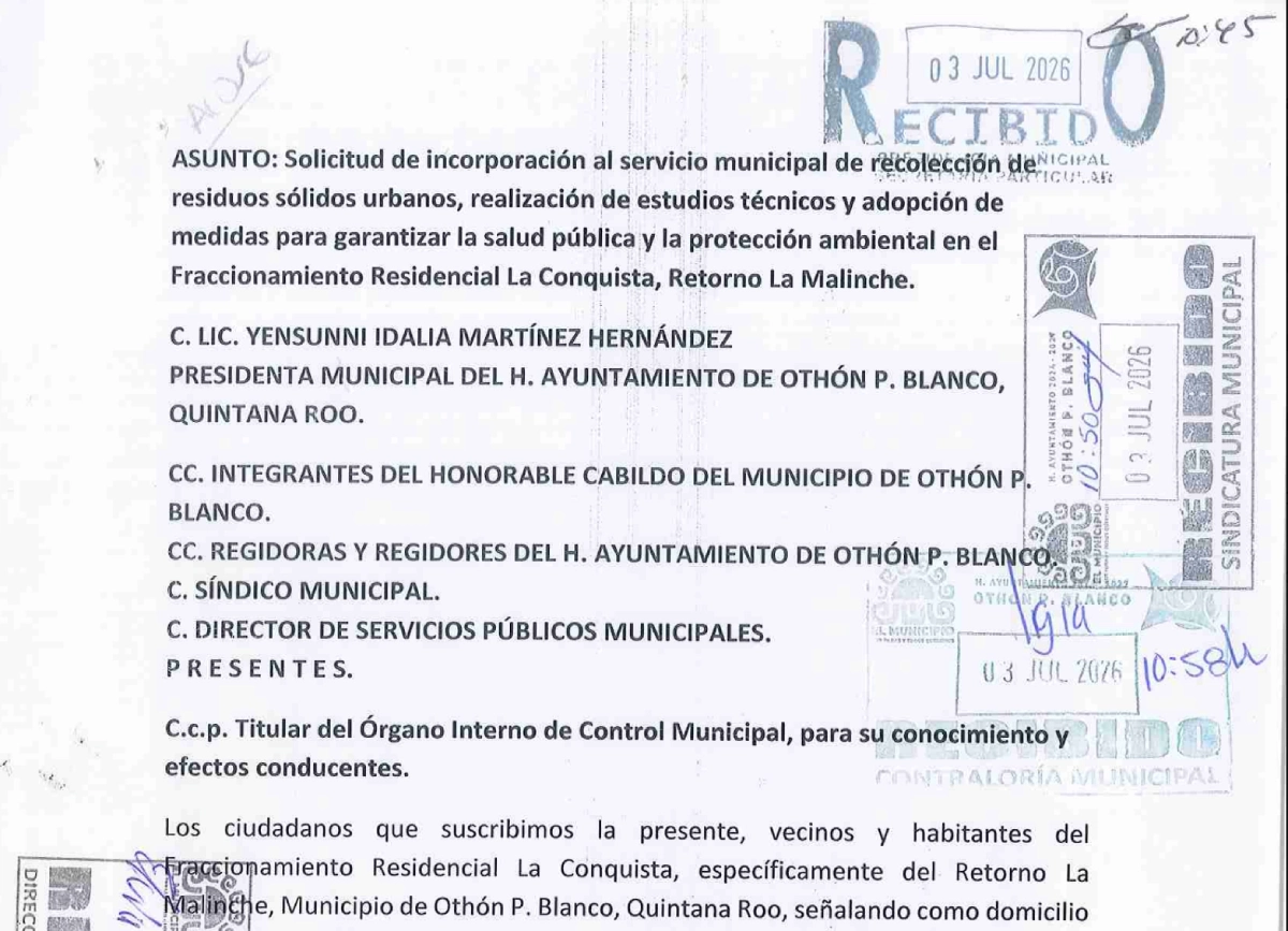 El documento entregado al Ayuntamiento de Othón P. Blanco.