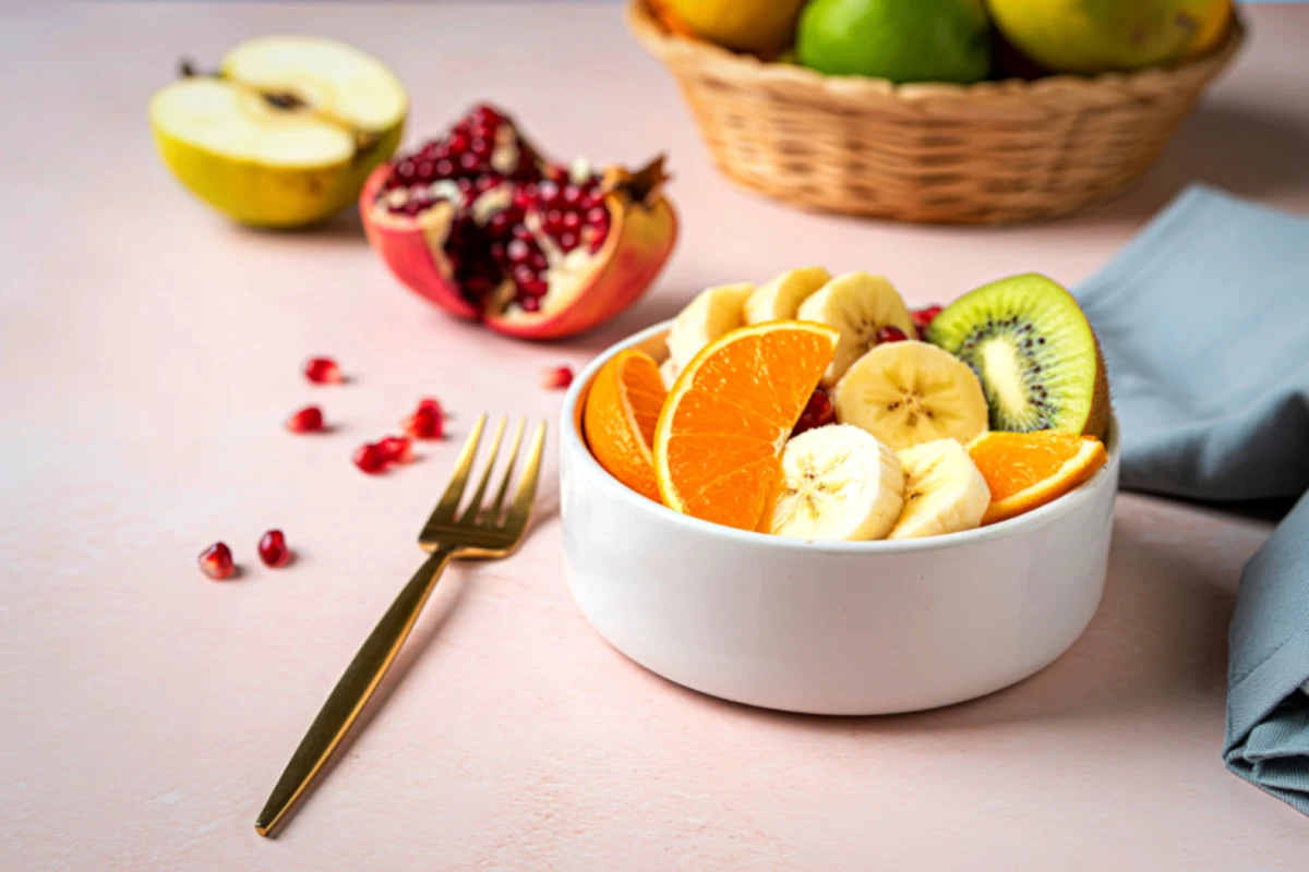 Platon con diferentes frutas como kiww, plátano, naranja, manzana y granada