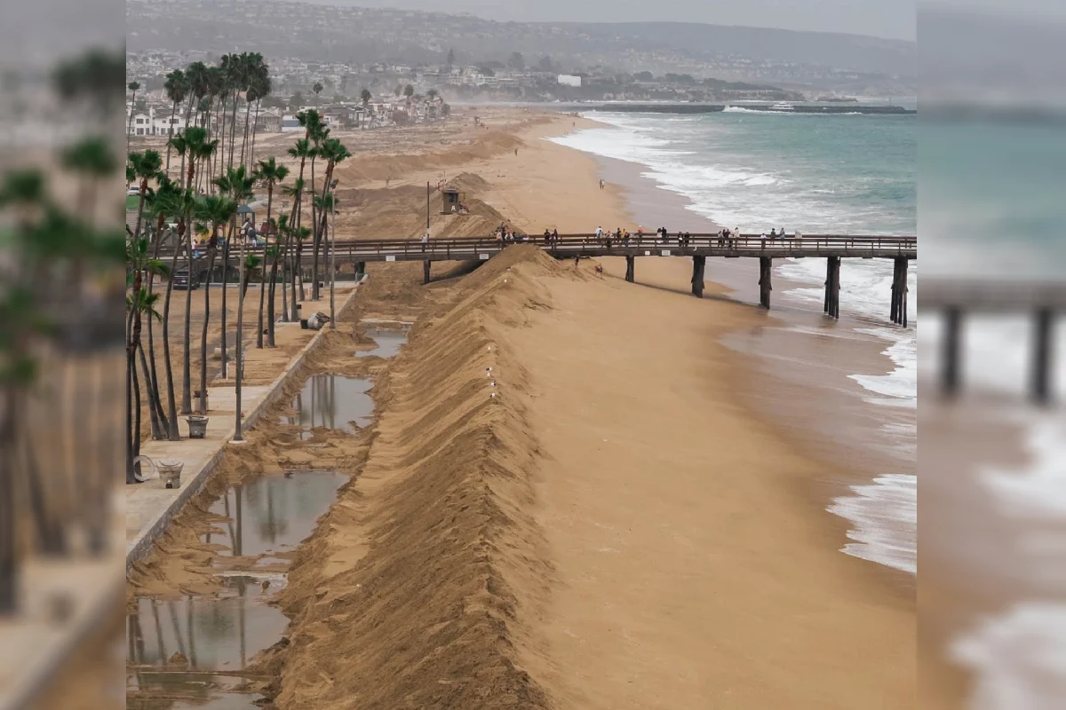 Una barrera de arena fue colocada en las playas de san Diego y las zonas habitacionales de la costa de California. Foto: The Weather Channel.