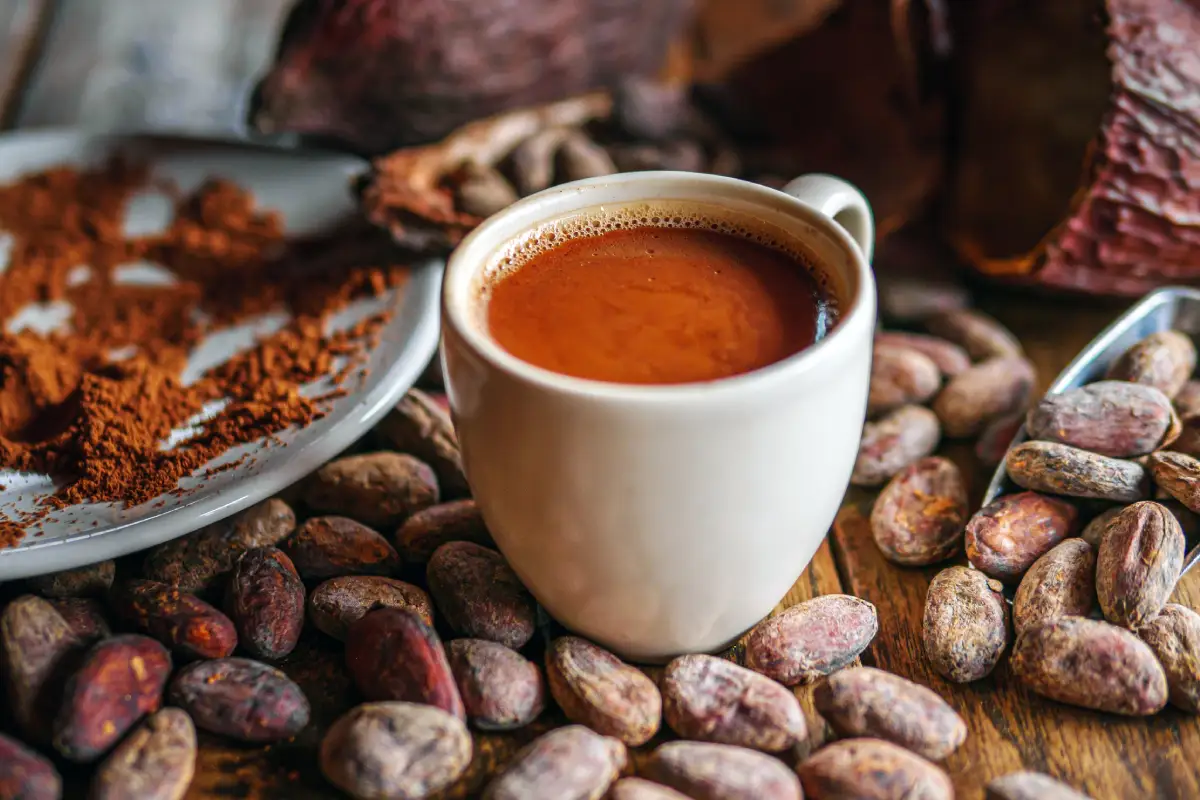 Taza blanca con liquido caliente de cacao