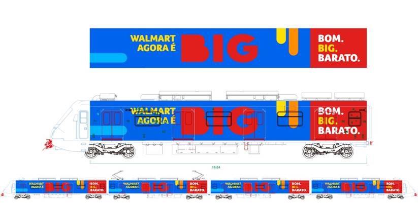 Imagem mostra como fica os trens com a adesivagem da marca BIG, escrito "Walmart agora é BIG. BOM.BIG. BARATO