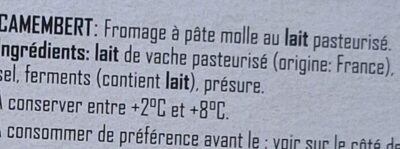 Camembert ingredient label