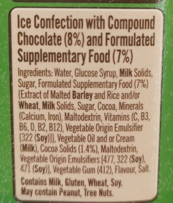 Milo Ice Cream ingredient label